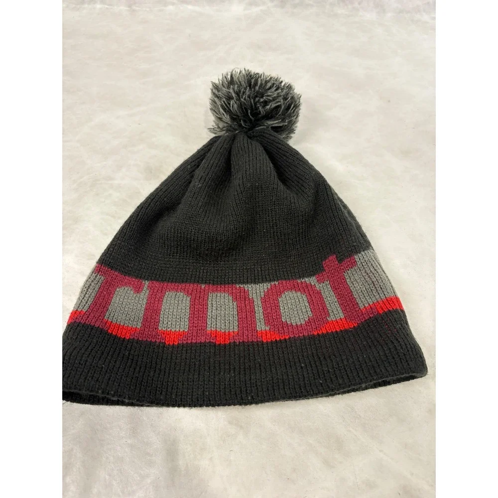 Marmot Mens Black Knit Beanie Hat Fleece Lined Pom Pom Logo Y15630 One Size‎